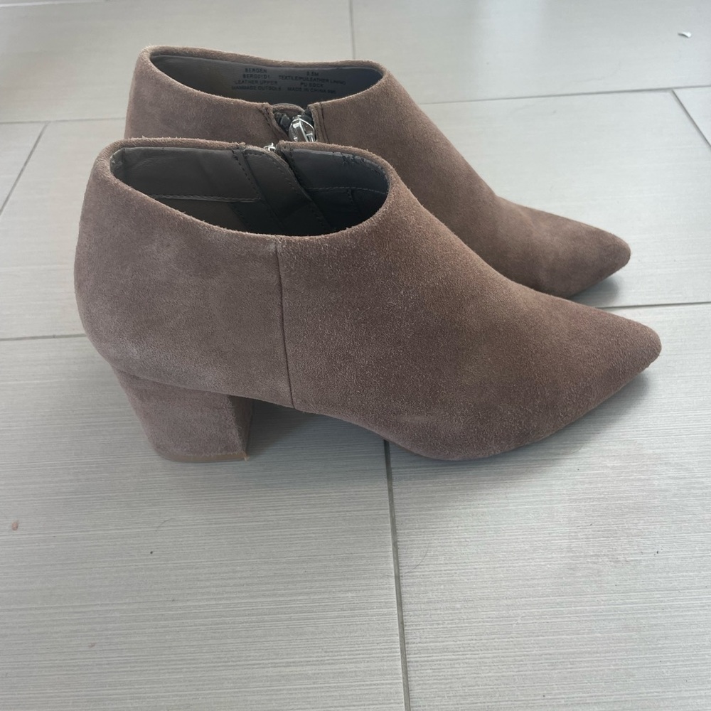 Steven by Steve Madden tan suede bootie with 2” heel.